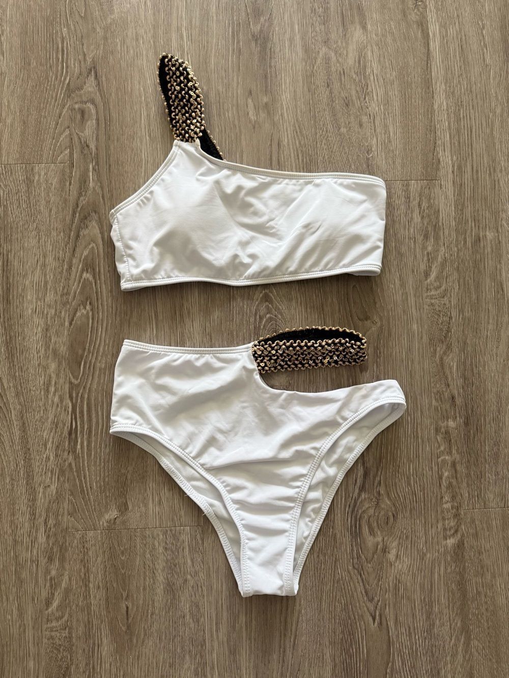 SHEIN White One-Shoulder Cutout Bikini with Black & Gold Braided Straps